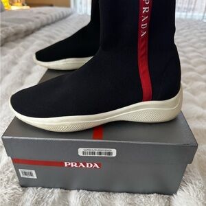 Prada Black and Red High-Top Sneakers